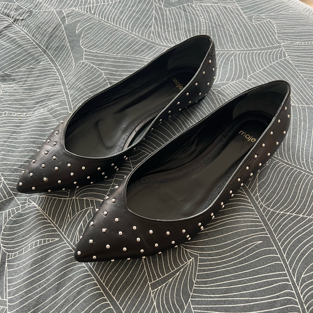 Maje Flavie Studded Pointed Toe Ballet Flats Black Silver Studs 39
